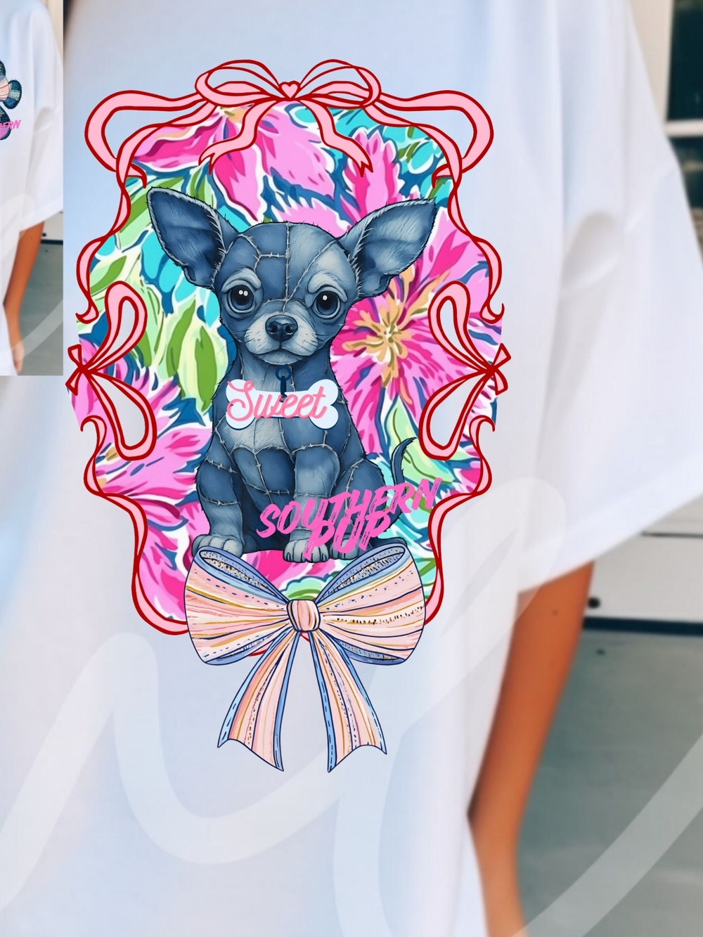 Gildan White Tee with Denim Patch Paw & Pastel Bow - Picture 8 of 16